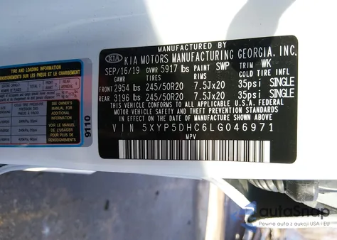 2020 Kia Telluride Sx z USA, uszkodzony, nr VIN 5XYP5DHC6LG046971